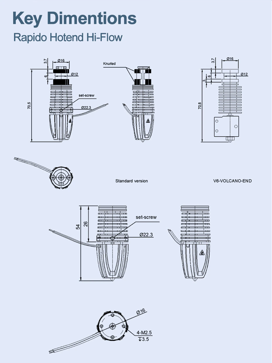 Rapid hotend - key dimensions high flow